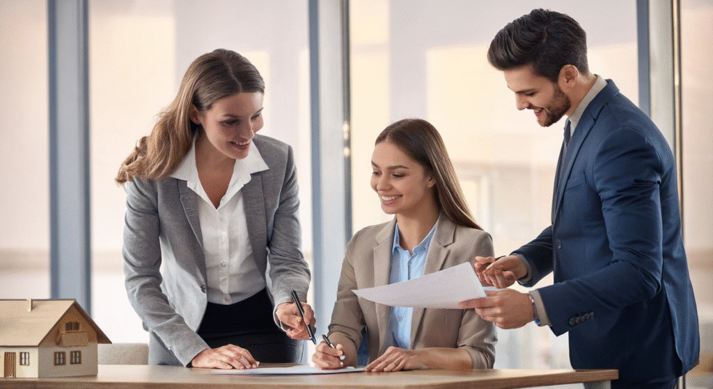 Young couple signing offer on investment property after carefully analyzing pros and cons of investing in real estate vs stocks. 