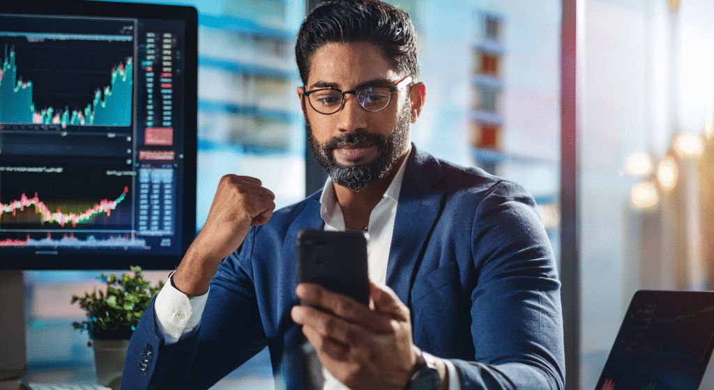 Investor using mobile app to invest in stock market.